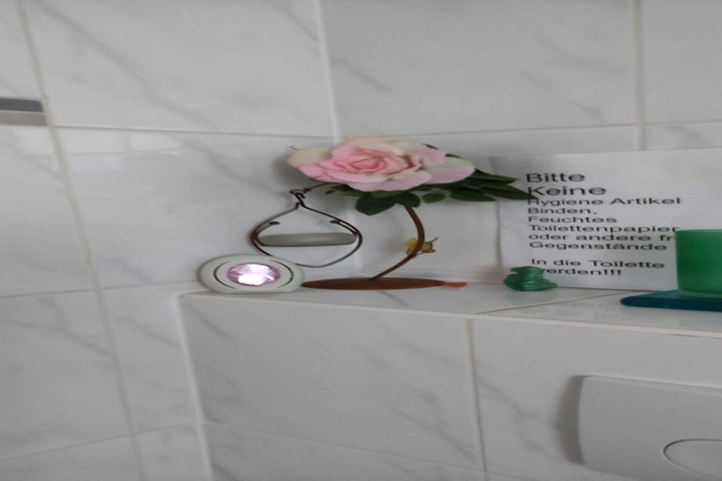 A bathroom with a white marble wall, a pink artificial flower, a hand sanitizer dispenser, and a sign with hygiene instructions in German.