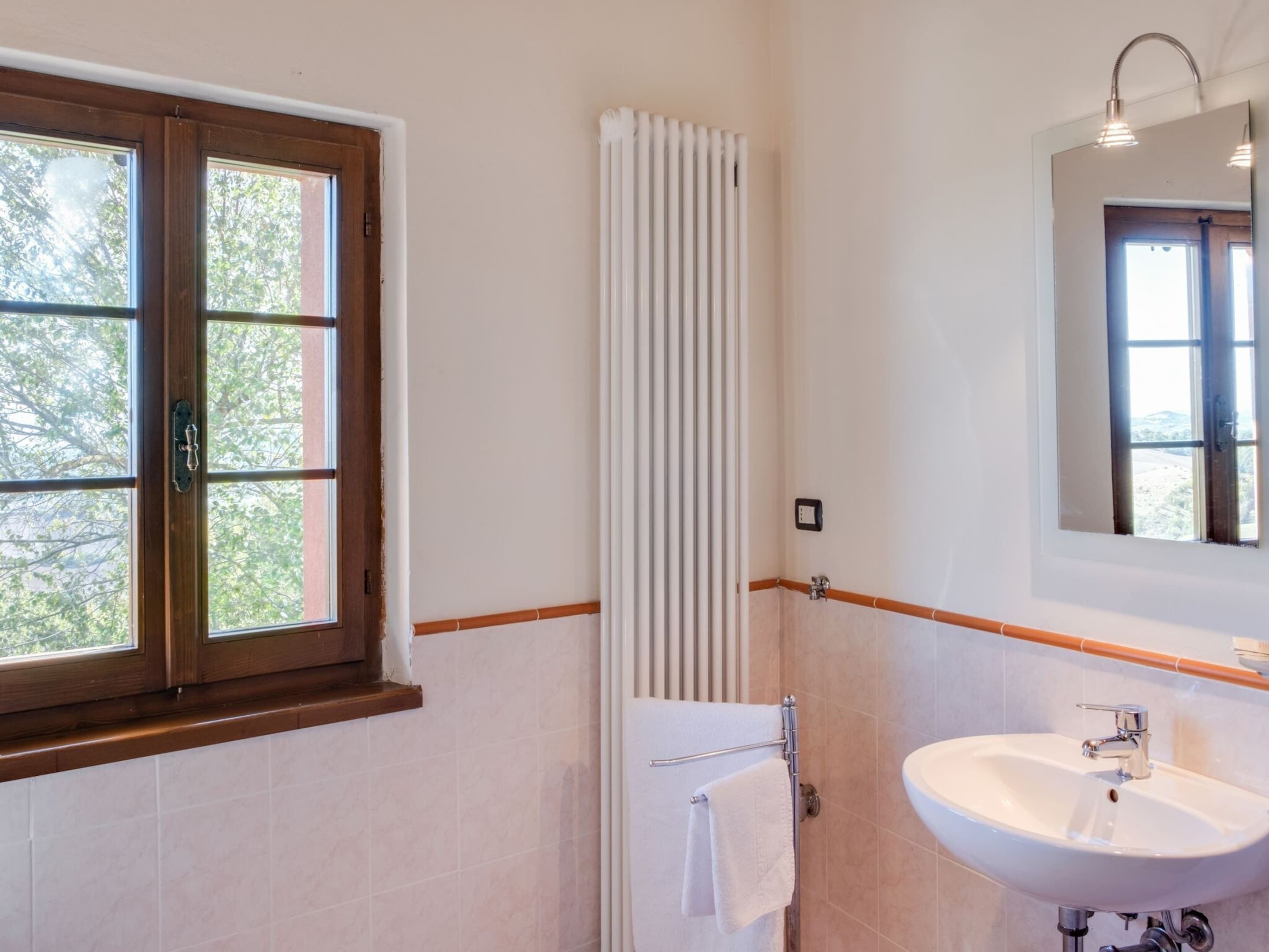 Une salle de bain avec une fenêtre, un radiateur, un porte-serviettes et un lavabo.