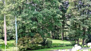 A park with trees, a paved path, and a flagpole.