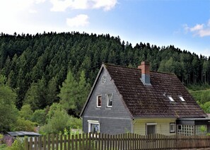 A two-story house with a sloped roof, a chimney, and a small porch. - Apartment in Wildemann Near Hahnenklee Ski Area (Clausthal-Zellerfeld)