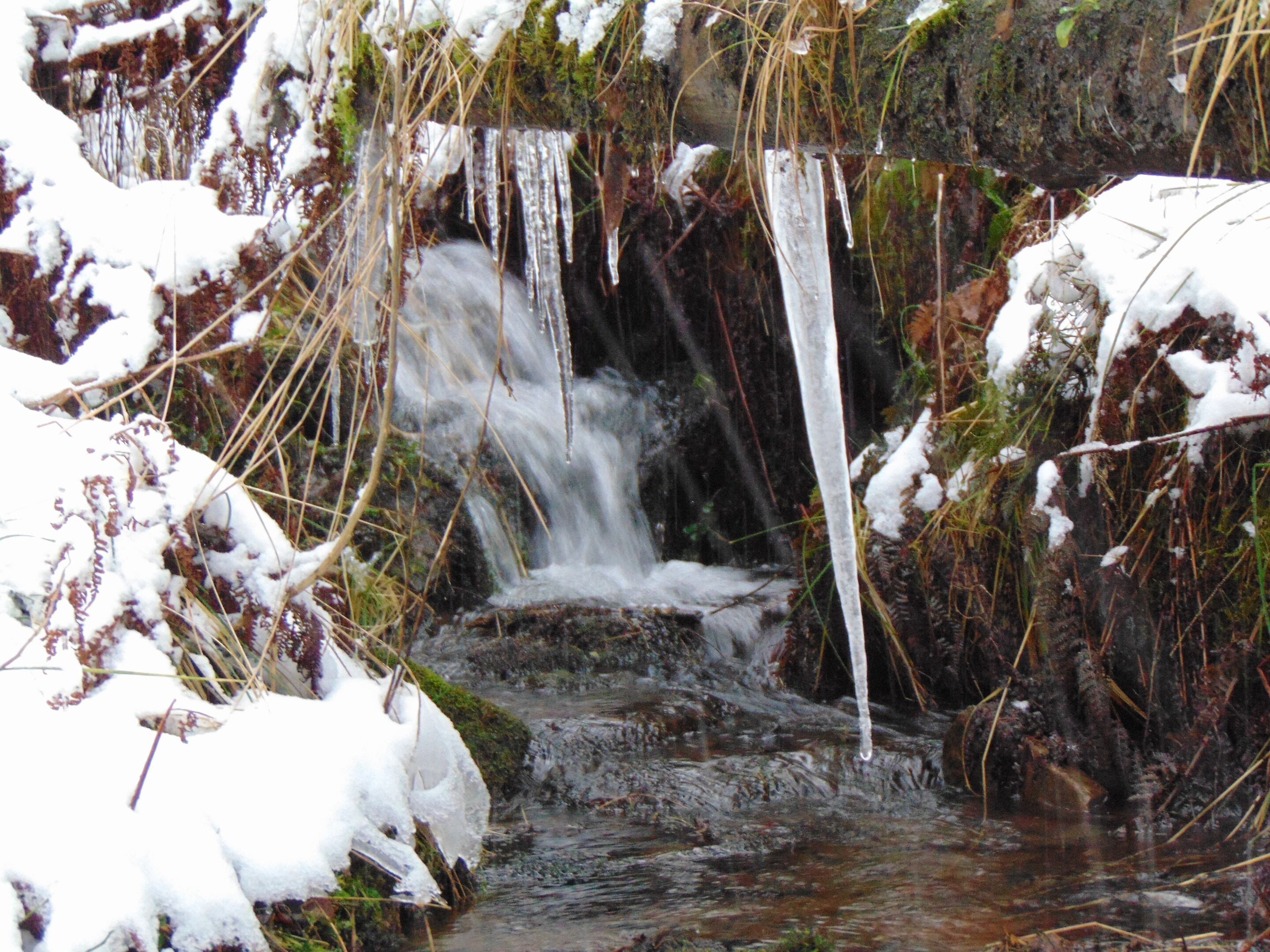 Une cascade avec des rochers couverts de neige et des glaçons.