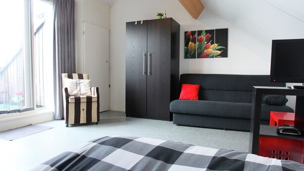 Ein Schlafzimmer mit einem Bett, einem grauen Sofa, einem dunklen Kleiderschrank, einem roten Kissen, einem Fernseher und einem Fenster mit Vorhängen.
