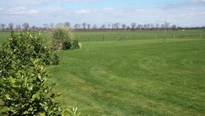 Ein grasbewachsenes Feld mit einem Tor und einem Zaun.