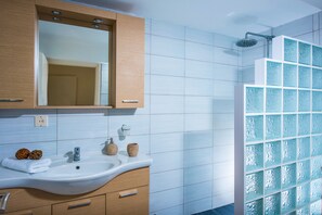 Shower, hair dryer, towels, toilet paper