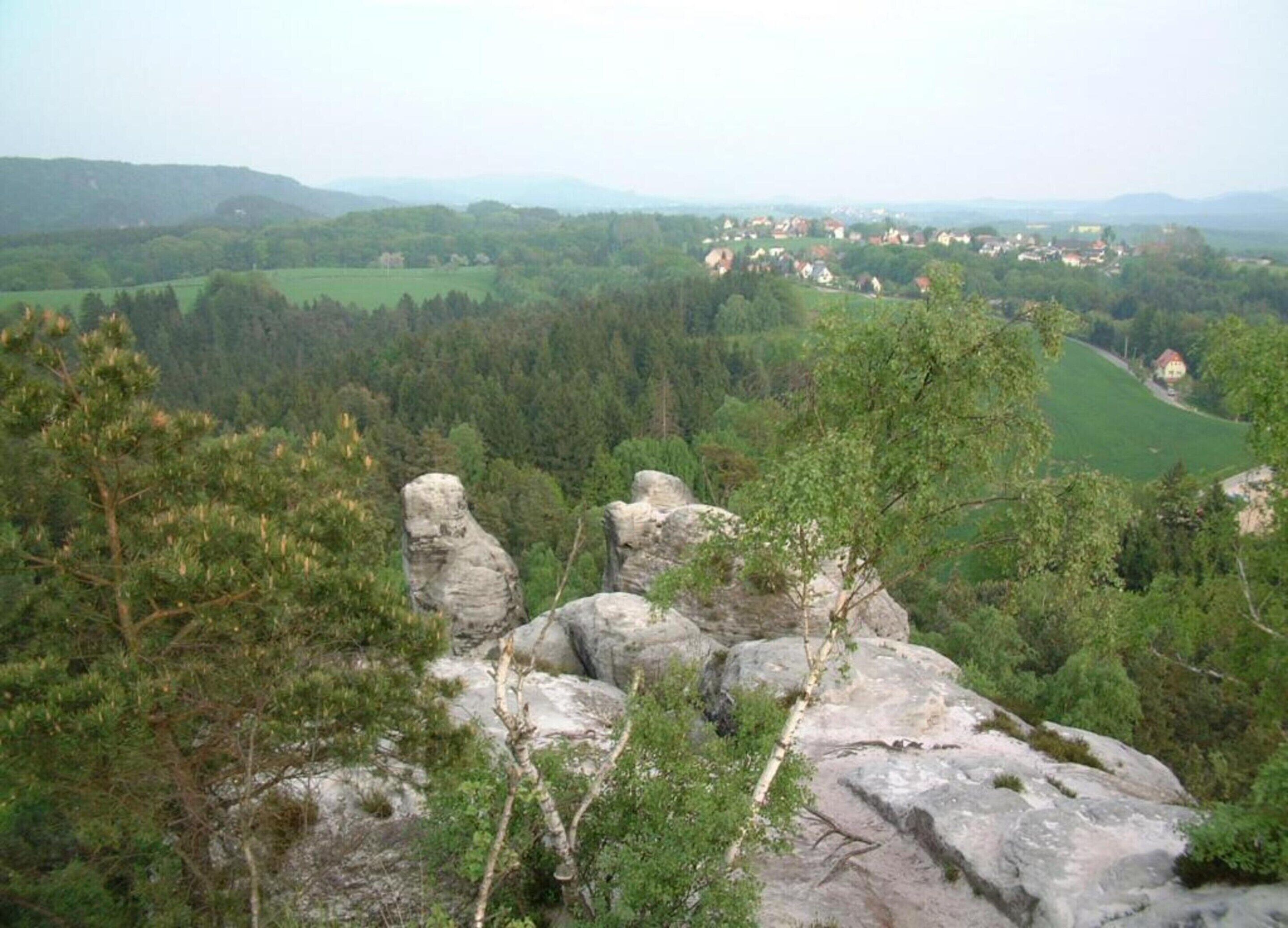 Un paysage montagneux caractérisé par des affleurements rocheux et une forêt dense.