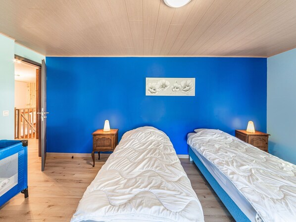 A room with two beds, a blue wall, a wooden ceiling, and a door leading to another room. - Holiday Home in Houffaliz With Garden (Houffalize)