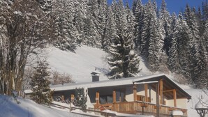 A wooden cabin with a snow-covered roof, surrounded by snow-laden trees and a clear sky. - Cozy Chalet in Niederndorf bei Kufstein near Ski Area (Niederndorferberg)