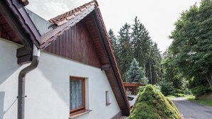 A house with a sloped roof, a window with a curtain, and a well-maintained garden with a trimmed bush. - Sunny Terrace & Quiet Stay (Friedrichroda)
