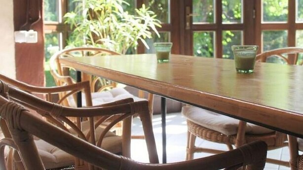 A wooden dining table with chairs, a potted plant, and two glasses of a beverage. - Wohnung in Tabarz Thuringen in Waldnahe (Tabarz)