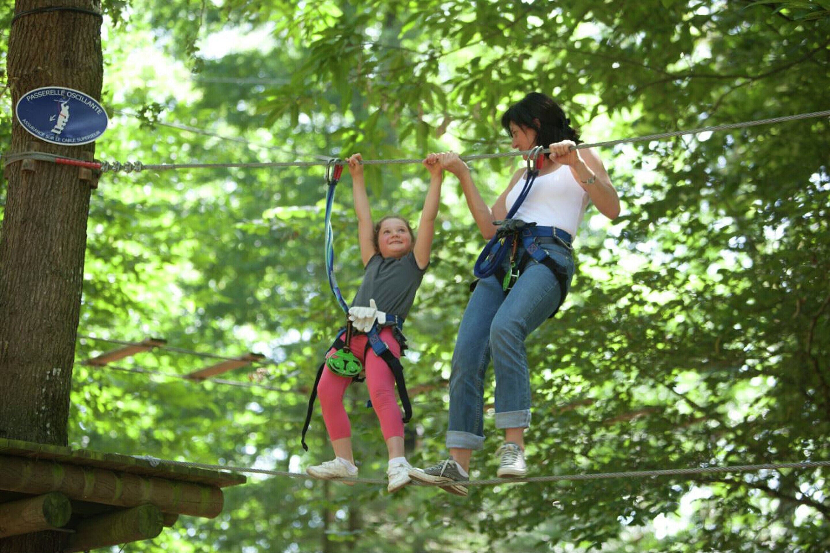 An outdoor activity area with ropes and trees.
