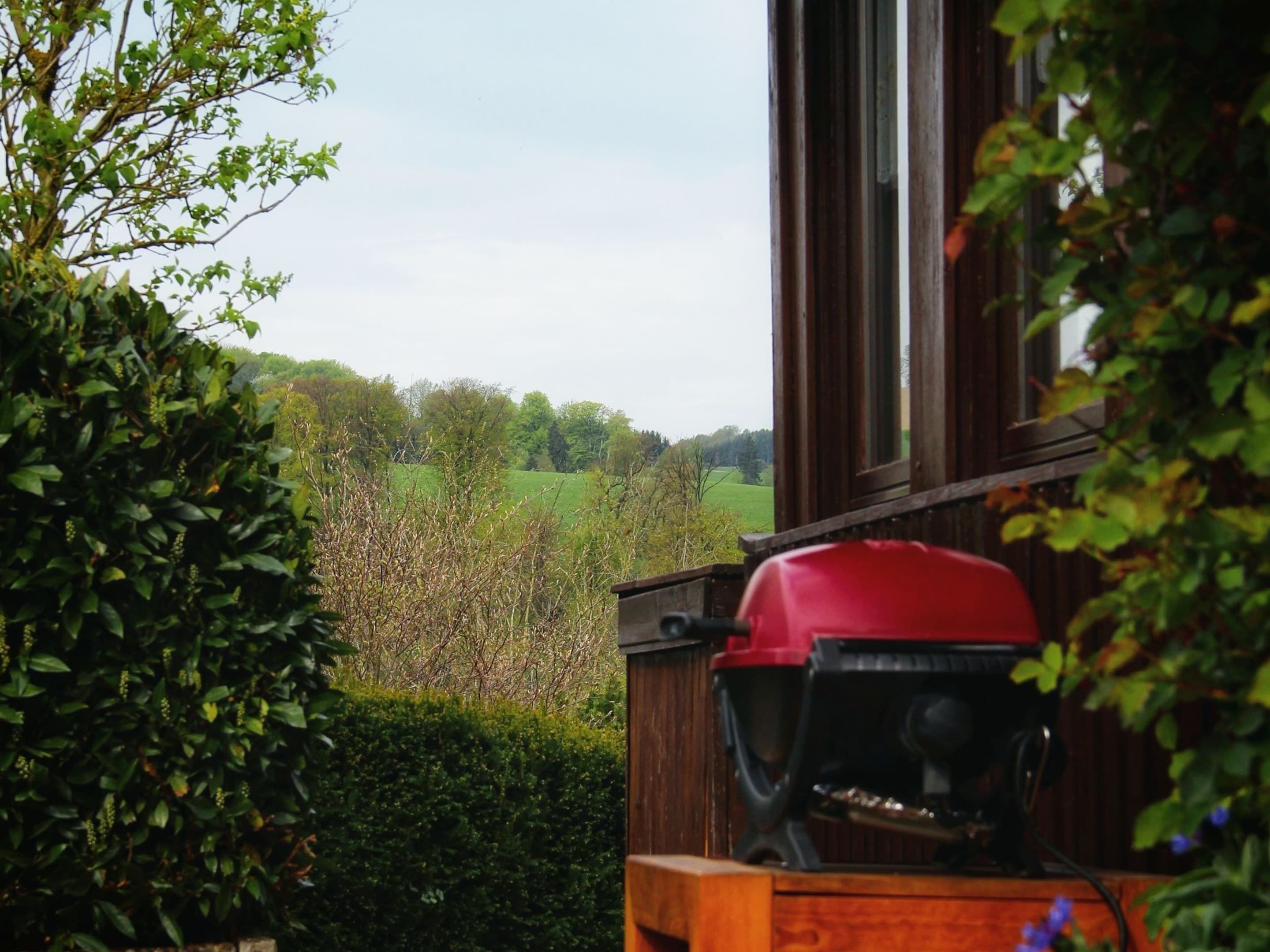 Eine Terrassenfläche mit Grill und Blick auf ein grünes Feld.