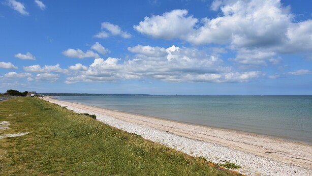 Une plage côtière avec une zone herbeuse et une plage de galets.