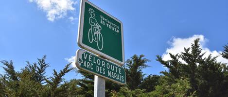 A sign with a bicycle symbol and text indicating a shared route.