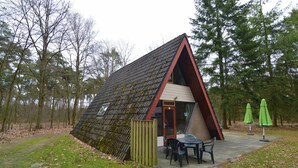A small, triangular-roofed cabin with a door and windows, surrounded by a grassy area and trees.