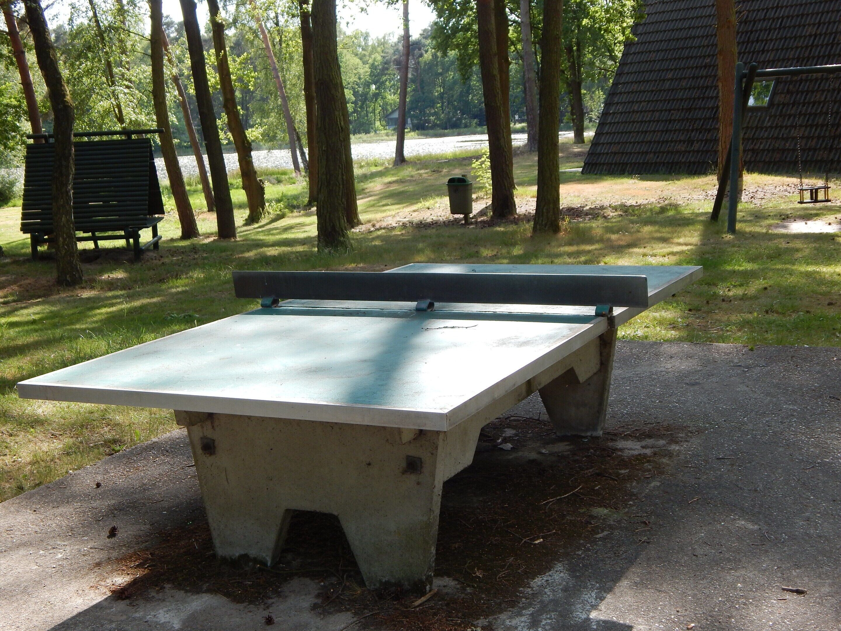 Una mesa de picnic de hormigón con banco en un parque arbolado.