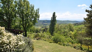 A lush garden with a variety of trees and a clear view of distant hills. - Relaxing Retreat in Bathernay (Bathernay)