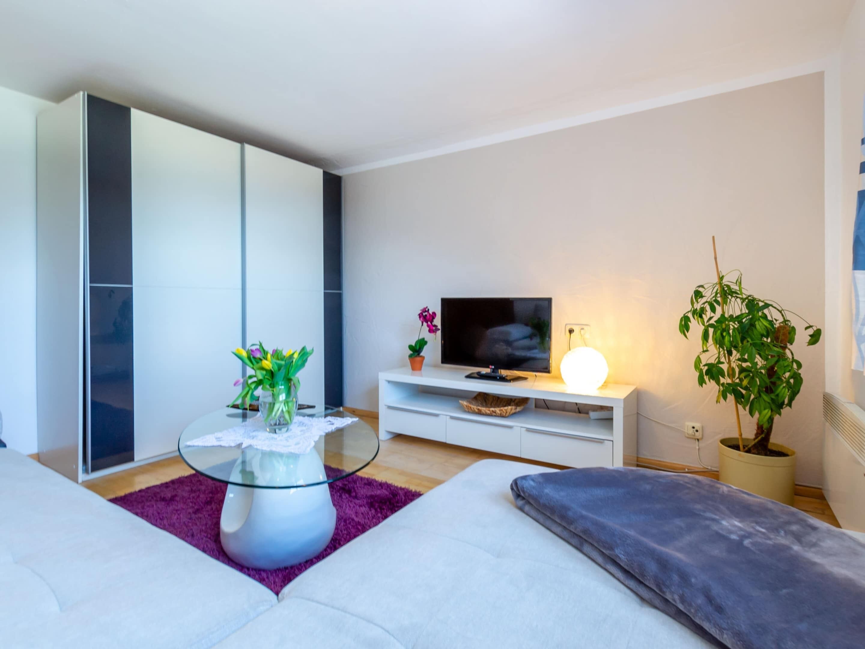 Una sala moderna con un sofá, una mesa de centro de vidrio, un televisor de pantalla plana, una lámpara y una planta en maceta.