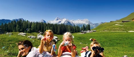A group of people lying on grass in a field with mountains in the background.