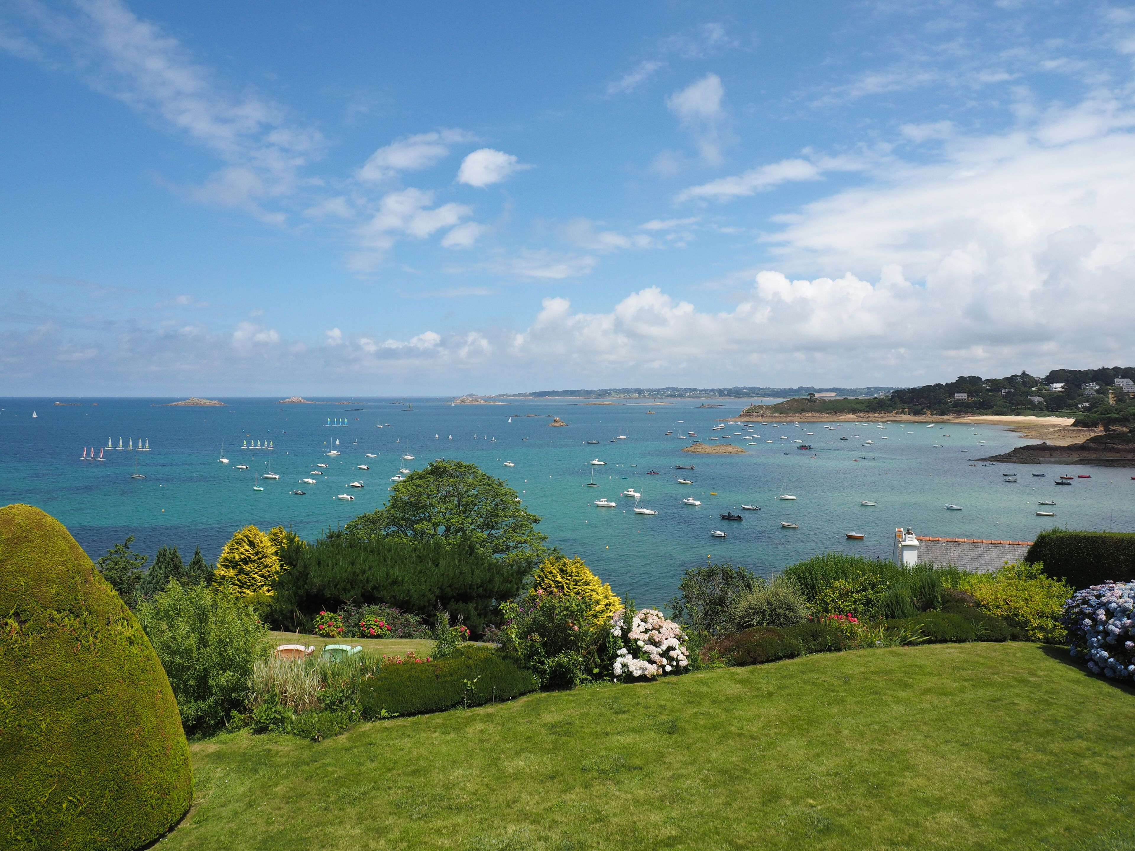 A coastal landscape with a grassy foreground, a variety of boats on the water, and a distant shoreline with buildings.