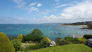 A coastal landscape with a grassy foreground, a variety of boats on the water, and a distant shoreline with buildings.