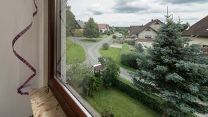 A view from a window overlooking a residential street with houses, a road, and greenery. - Gemutliches Familienapartment (Werda)