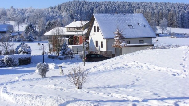 A snow-covered landscape with a house featuring a sloped roof and a visible chimney. - Gemutliches Familienapartment (Werda)