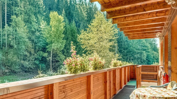 A wooden balcony with a view of a forested area. - Rustic Black Forest Getaway (Masserberg)