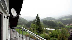 A balcony with a satellite dish, a view of a green valley, and a car parked outside. - Apartment With Garden (Bad Peterstal-Griesbach)