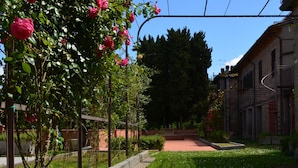 A garden with a pathway, green grass, and pink flowers. There are trees and a building in the background. - Agriturismo Le Case di San Vivaldo (Montaione)