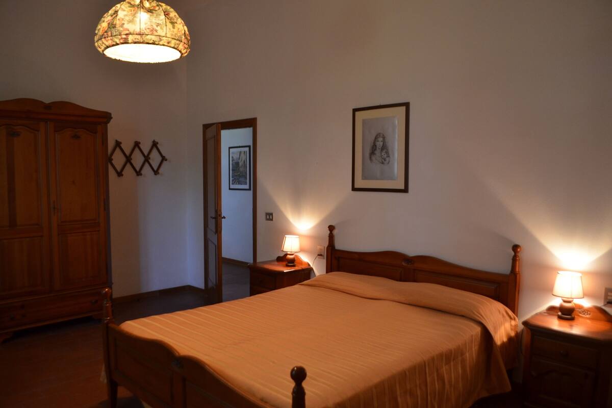 Een slaapkamer met een houten bed, twee nachtkastjes met lampen, een kledingkast en een lijst met een afbeelding aan de muur.