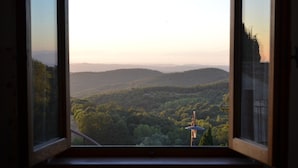 A view through a window with a metal railing, overlooking a forested landscape with hills in the distance. - Agriturismo Le Case di San Vivaldo (Montaione)