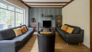 A living room with two grey sofas, a black coffee table, a flat-screen TV, and a fireplace. - Trierscheid Countryside Escape (Trierscheid)