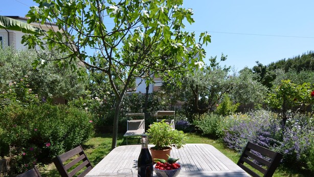 Een houten buitentafel met stoelen, een fles, een kom met aardbeien en een bloempot.