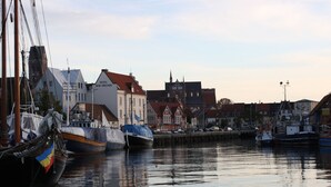 Een haven met aangemeerde boten, een historisch gebouw met een klokkentoren en een eend die in het water zwemt.