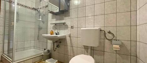 A bathroom with a toilet, sink, and shower.