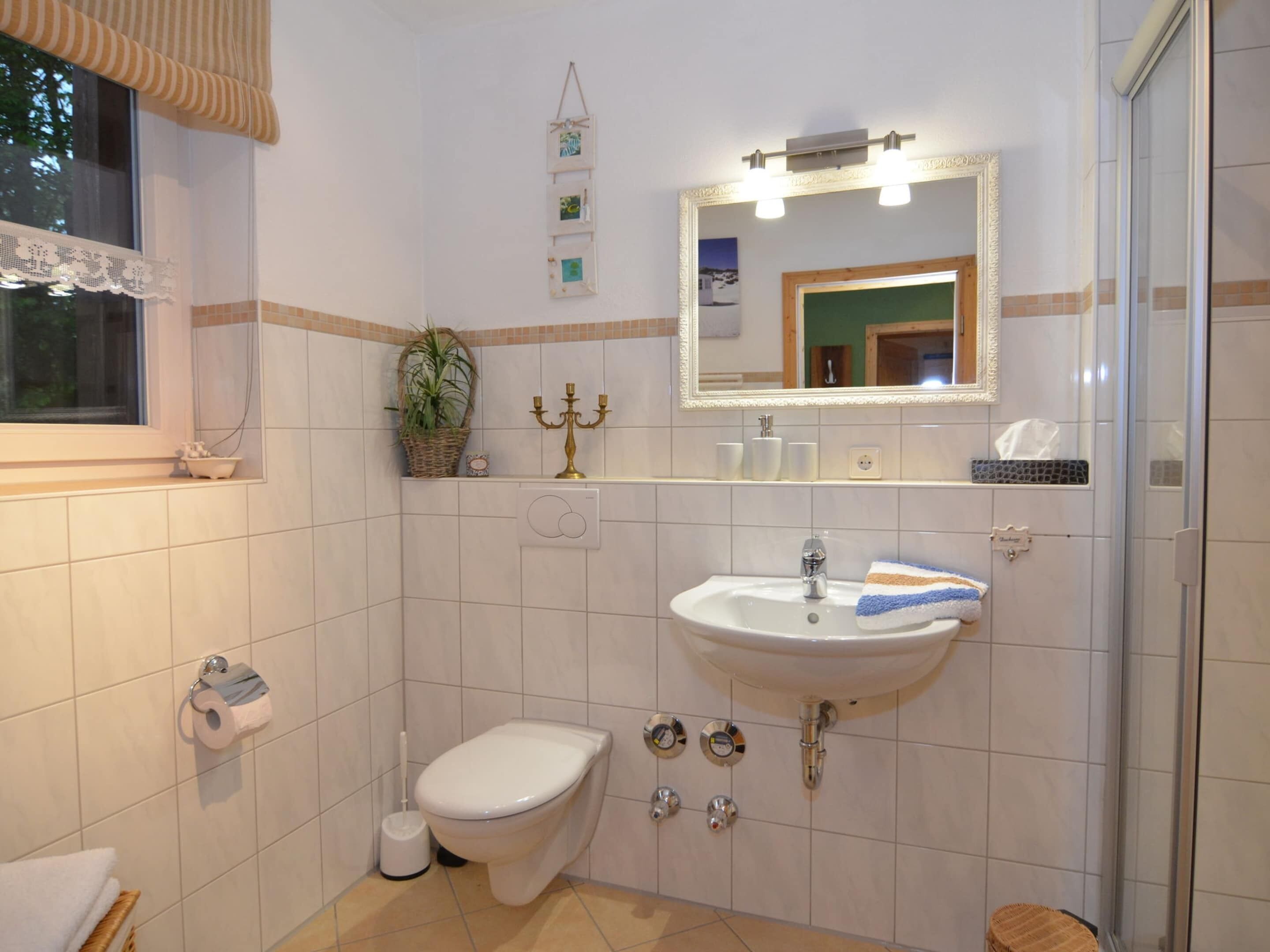 Et badeværelse med toilet, vask og bruser. Et spejl er monteret over vasken, og der er et vindue med gardin.