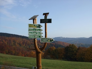 A directional signpost with multiple arrows pointing to various destinations and distances. - Quaint Farmhouse in Langenbach near Lake (Schleusegrund)