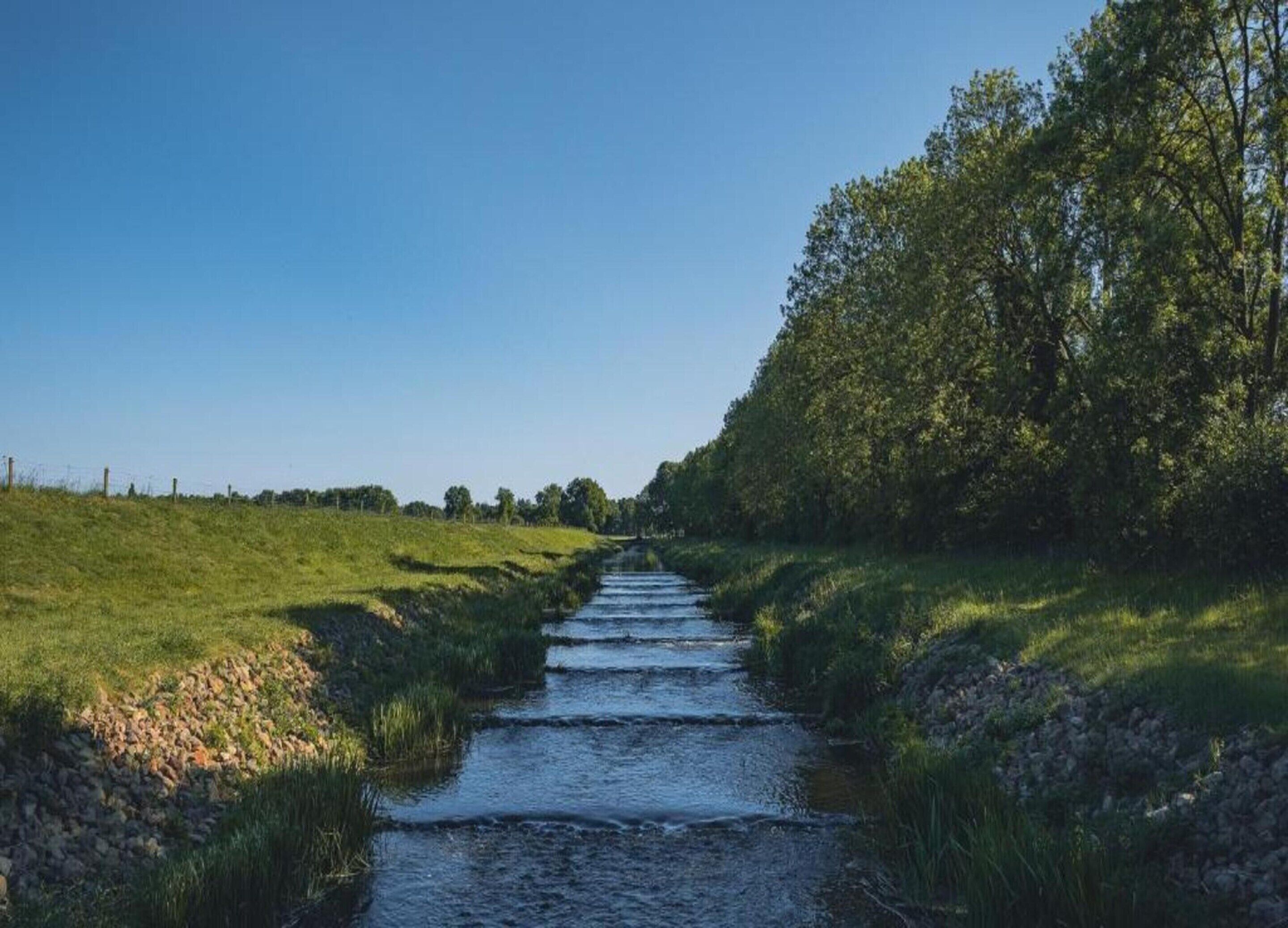Un étroit canal bordé de part et d’autre par des berges herbeuses et de nombreux arbres, sous un ciel bleu dégagé.
