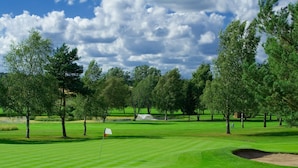 A well-maintained golf course with a flagstick, sand bunkers, and a variety of trees.