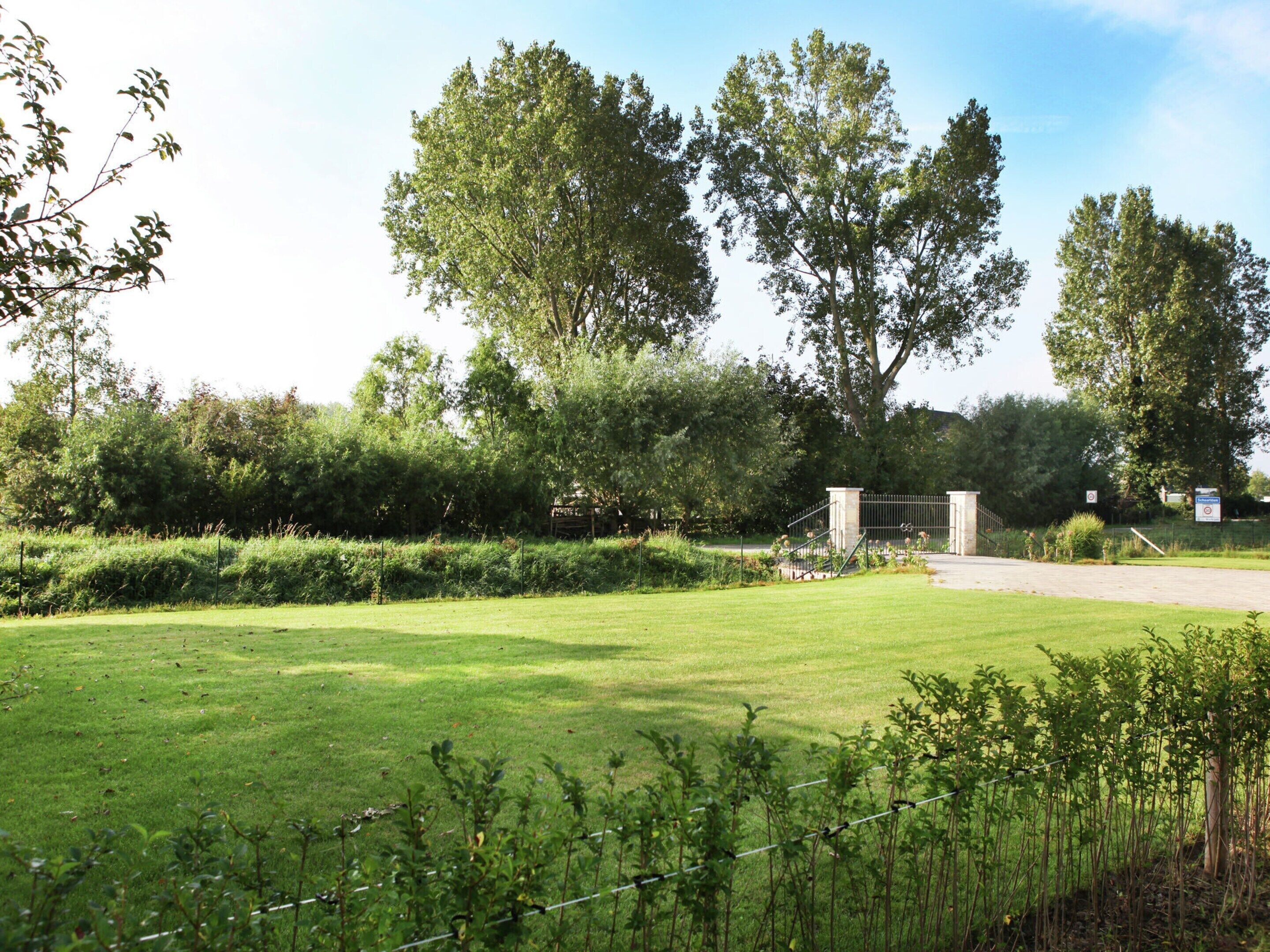 A well-maintained grassy area with a metal gate, surrounded by trees and shrubs.