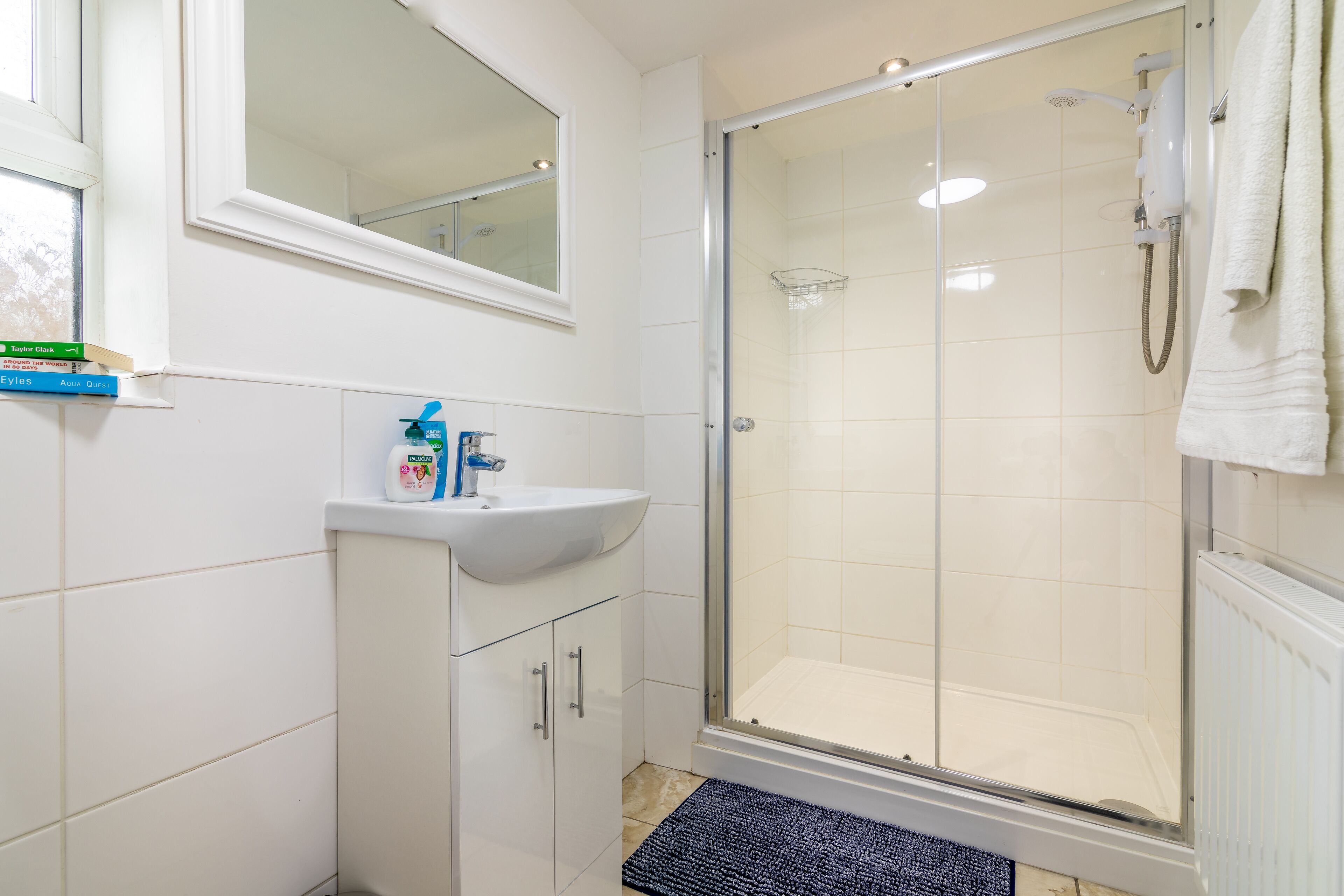 Un baño con ducha de vidrio, un lavamanos blanco y un espejo encima.