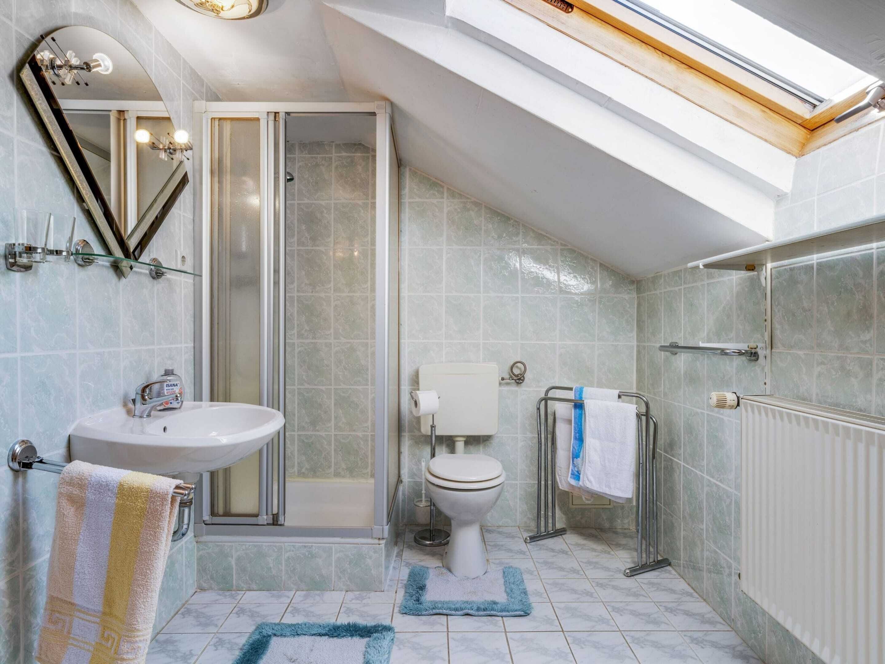 A modern bathroom with a skylight, a shower enclosure, a toilet, and a sink.