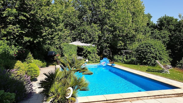 A rectangular swimming pool surrounded by lush greenery and trees. - Tranquil Garden Apartment (Regen)