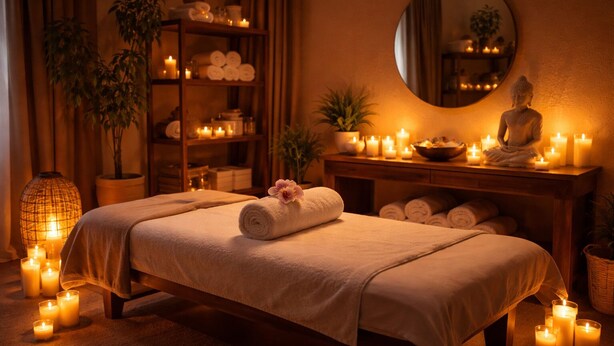A spa room with two beds, candles, a Buddha statue, and a mirror. - Penzion Pohoda (Trutnov)
