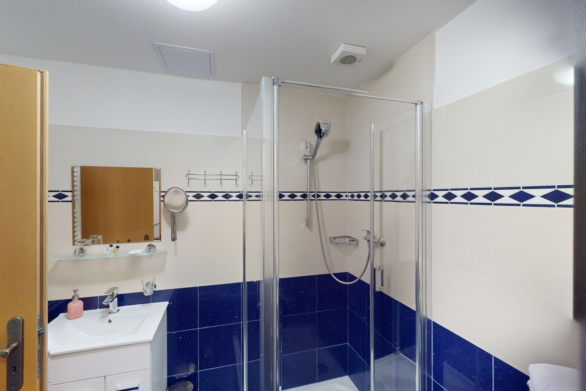 Une salle de bain avec une douche à parois de verre, un lavabo blanc et un miroir.