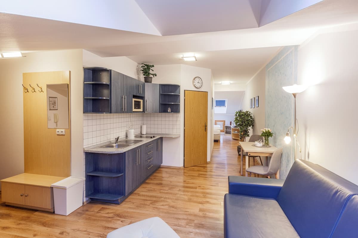 A compact living space with a kitchenette, a dining area, and a seating area.