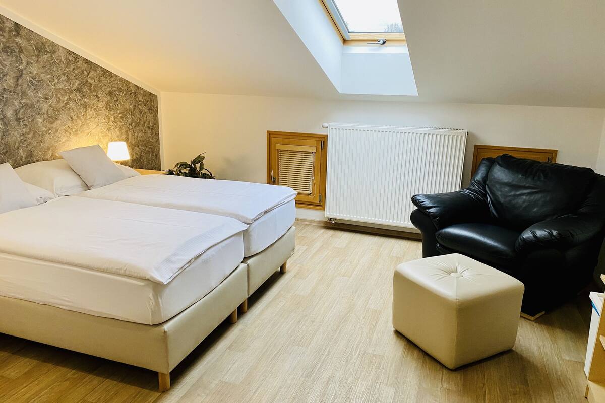 A bedroom with a skylight, a bed, a black leather chair, and a radiator.