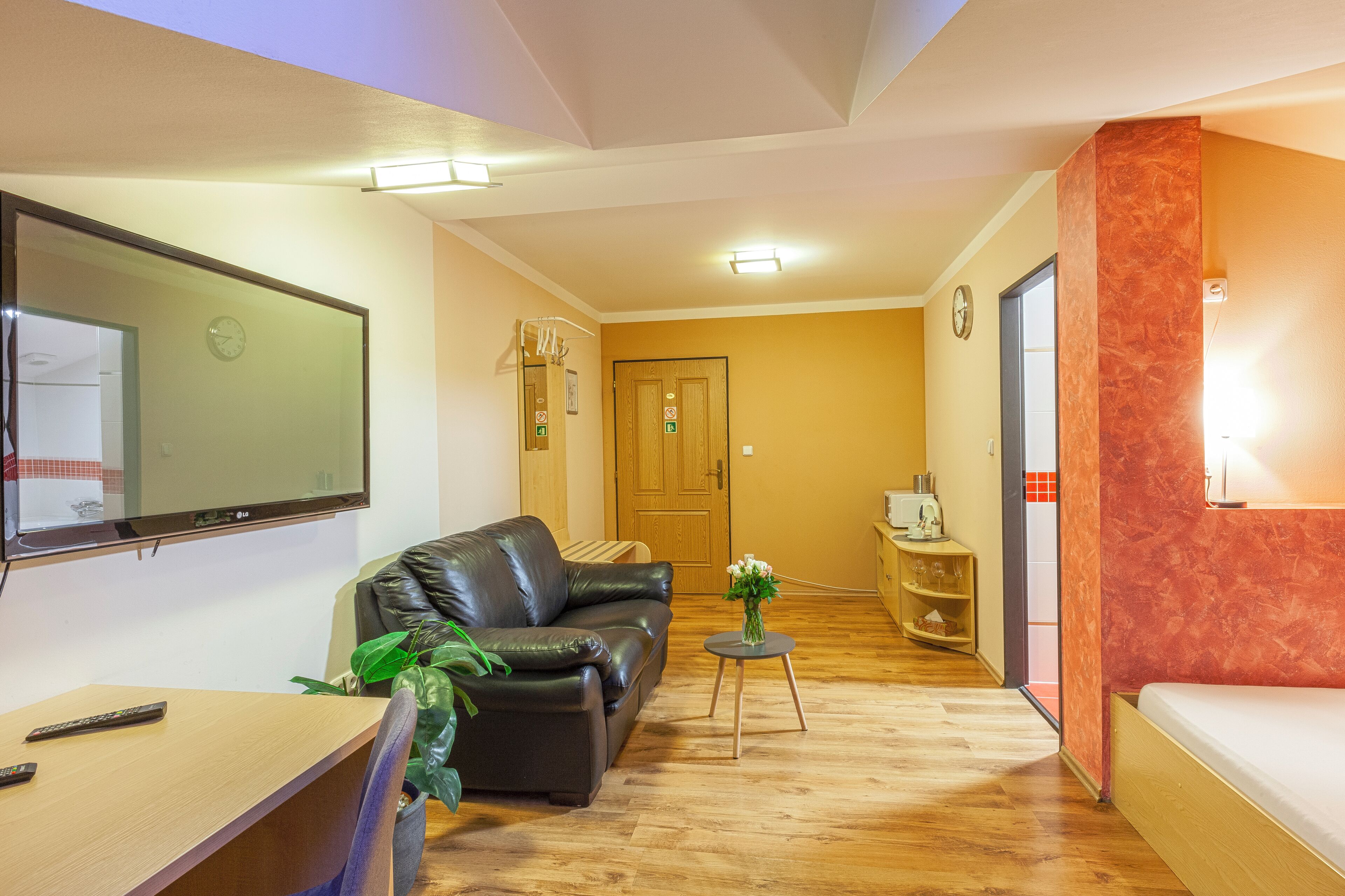 Sala de estar con sofá, televisor y una pequeña mesa con una planta.