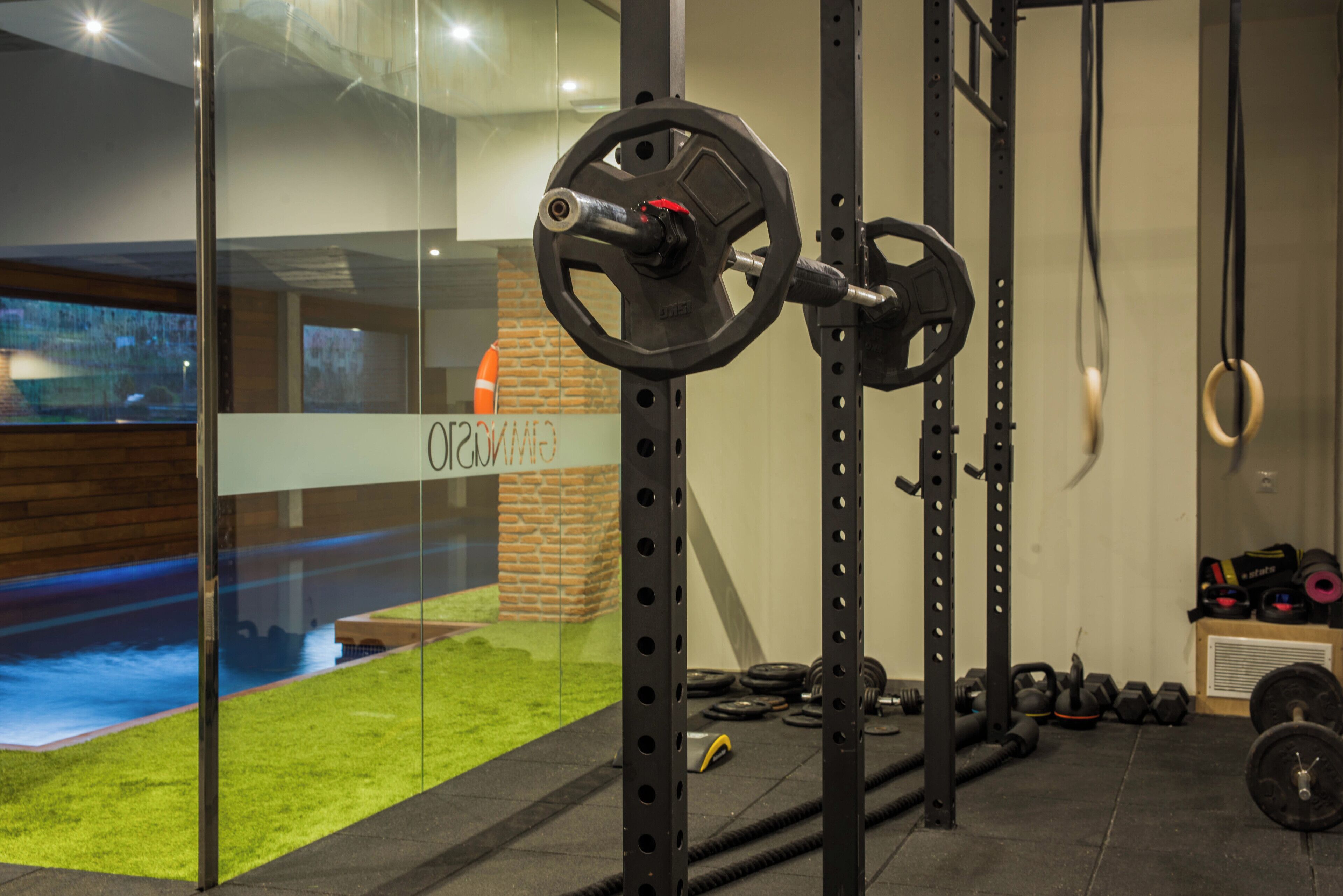 A gym with weightlifting equipment, a brick wall, and a glass wall with a view of a grassy area.