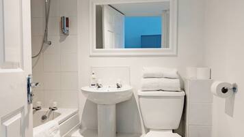 Combined shower/bathtub, free toiletries, hair dryer, towels